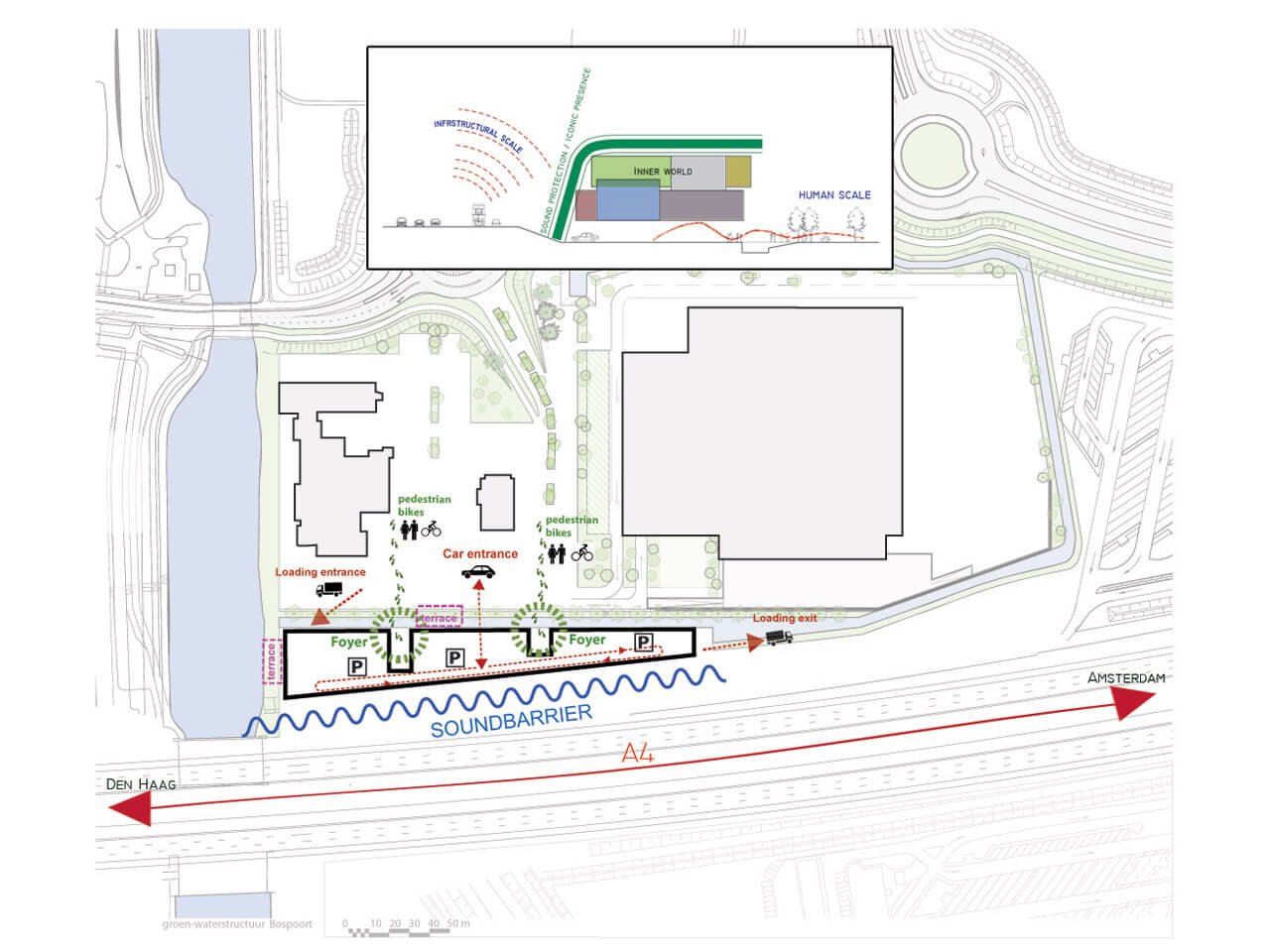 The building is a mediator between different scales: human, car, local and infrastructure. The building is a mediator between different scales: human, car, local and infrastructure.