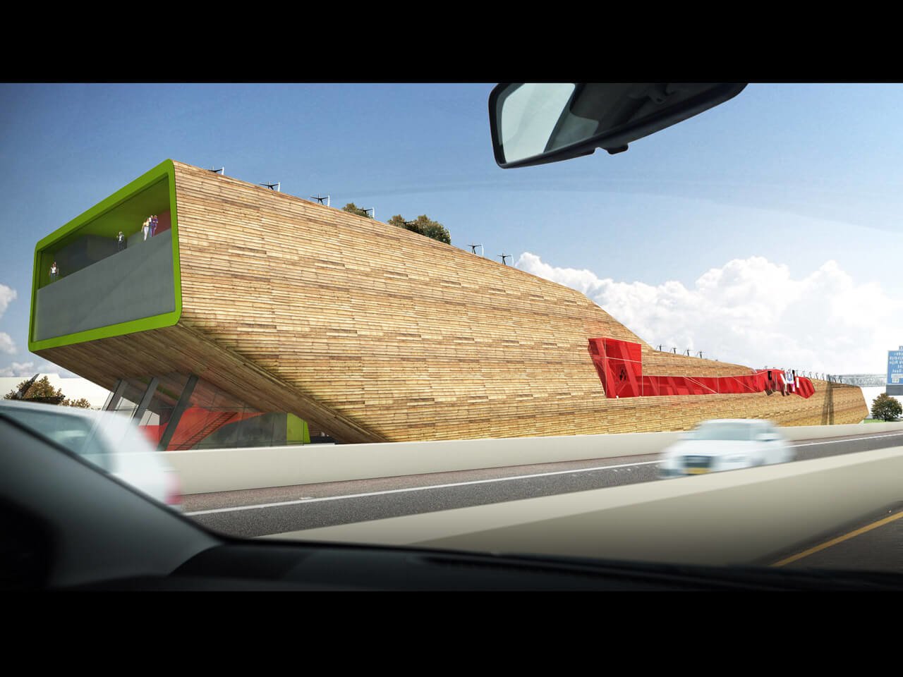 The smooth abstraction of the shape is combined with the roughness of the recycled wood cladding. The smooth abstraction of the shape is combined with the roughness of the recycled wood cladding.