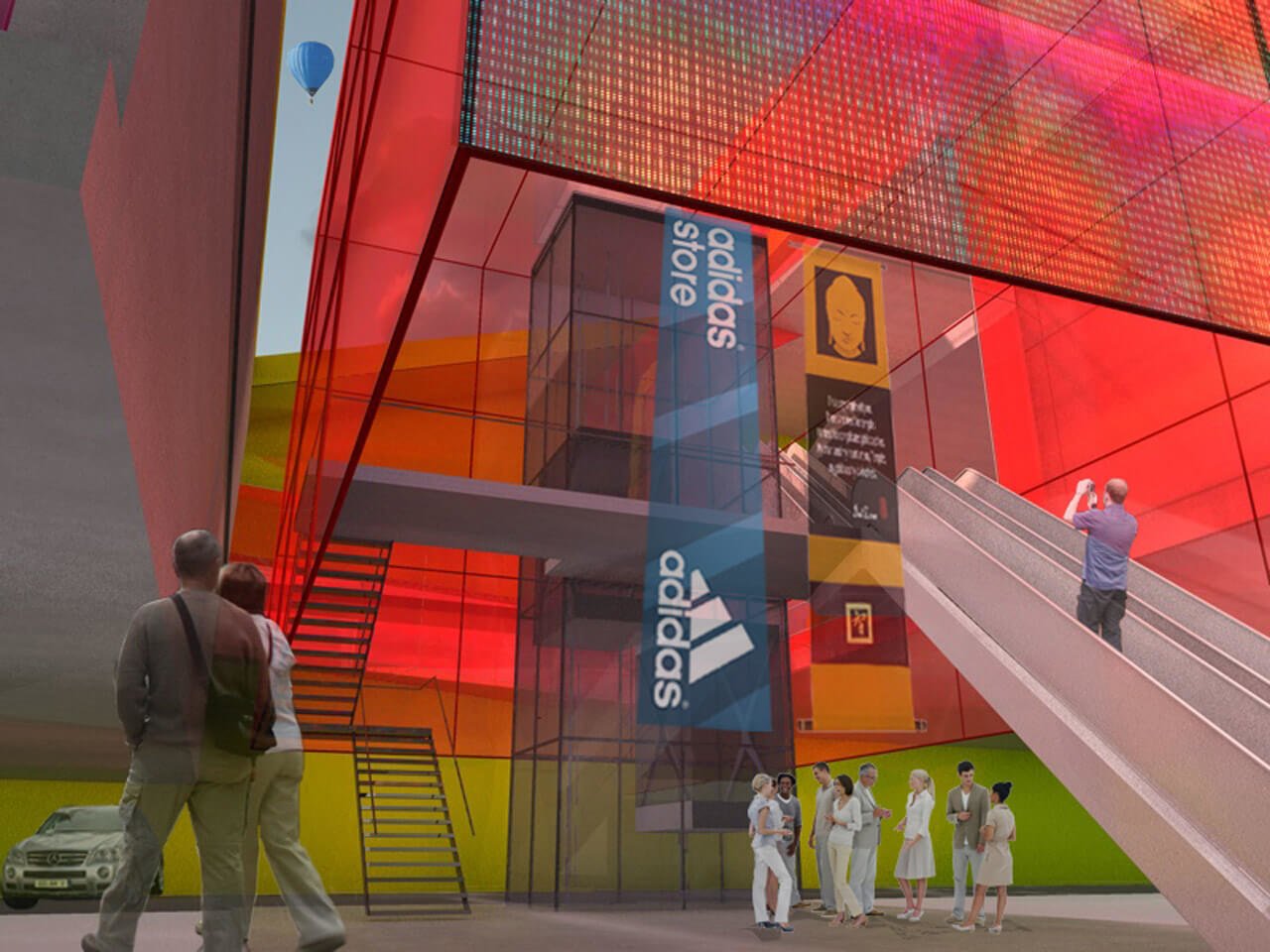 The two spaces between the pavilions are used as entrances and can be recognized by the red color. The two spaces between the pavilions are used as entrances and can be recognized by the red color.