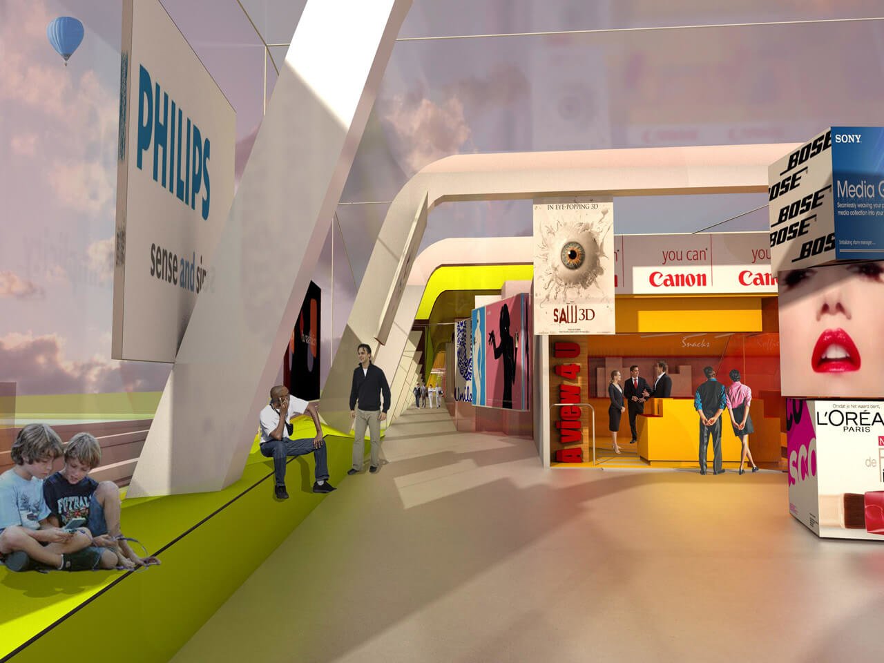 The sky lobby on the second floor can be directly accessed with escalators from the entrance. It overlooks the dynamics of the motorway. The sky lobby on the second floor can be directly accessed with escalators from the entrance. It overlooks the dynamics of the motorway.